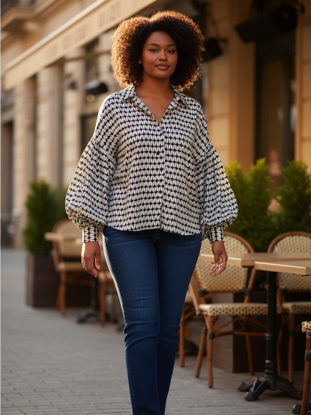 NESS Printed Balloon-Sleeve Collared hidden buttons Blouse Blck & White size xxl